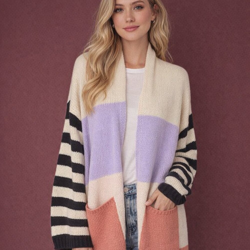 Wanna B Color Block Knit Open Cardigan  Beige Lilac Terracotta Large NWOT